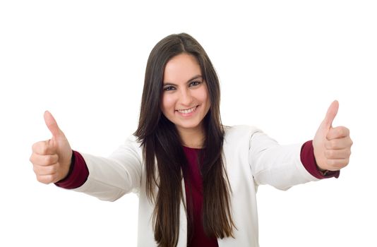 young business woman going thumbs up isolated on white background