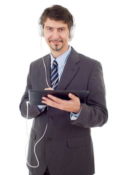 businessman with tablet pc and headphones, isolated