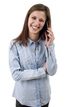 young casual happy woman with a phone, isolated