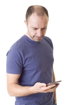 young casual man with a phone, isolated