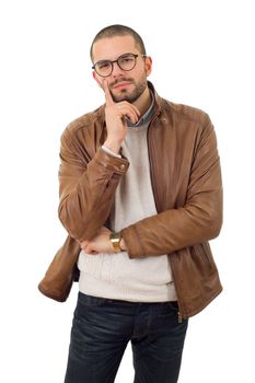 young casual man thinking, isolated on white background