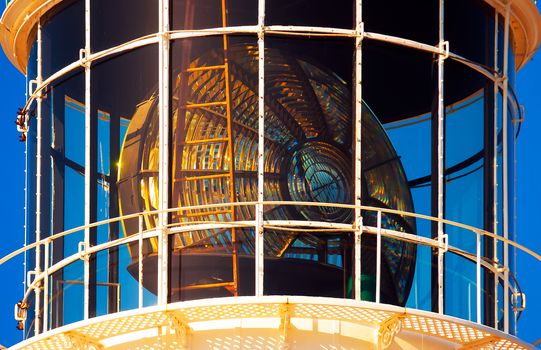 Close up of the lamp reflector fresnel and interior construction of a lighthouse