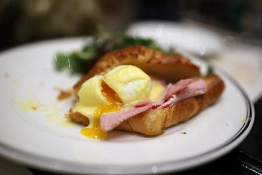 Croissants with eggs benedict and ham filling look appetizing on a white dish in a restaurant. Selective focus.