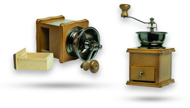 Set of hand coffee bean grinder. Equipment for make a coffee. Isolate and clipping path on white background.