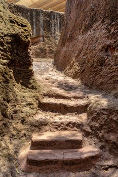 exterior labyrinths with stairs between LaLibela churches in Ethiopia carved out of the bedrock. UNESCO World Heritage Site, Lalibela Ethiopia, Africa