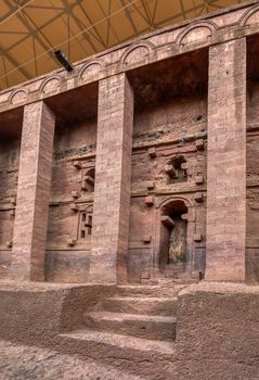 Biete Medhane Alem is Orthodox underground monolith church carved into rock. UNESCO World Heritage Site, Lalibela Ethiopia, Africa