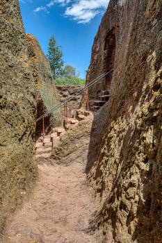 exterior labyrinths with stairs between LaLibela churches in Ethiopia carved out of the bedrock. Ethiopia, Africa