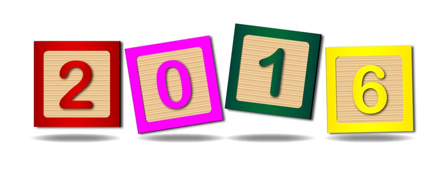 Wooden blocks with numbers 2016 over a white background