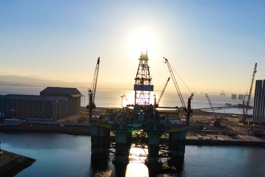 UKC, North Sea - December 18, 2019: Drilling platform in the port. Towing of the oil platform.
