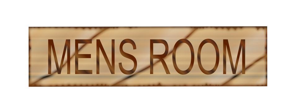 A worn rmens room sign over a white background