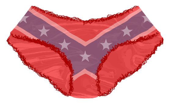 A pair of red ladies undies with lace edge and a rebel flag