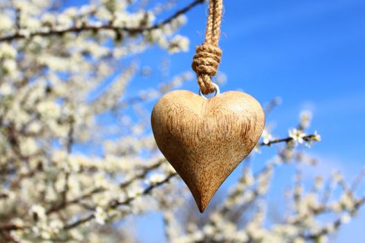 The picture shows a wooden heart in a blossoming bush