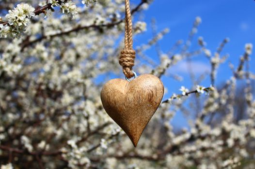 The picture shows a wooden heart in a blossoming bush