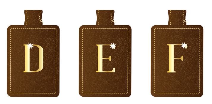 A brown leather key fob and ring set embosed with a gold leaf alphabet letter