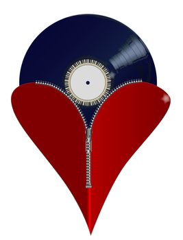 A red heart with a zipper showing a long playing record rising from within