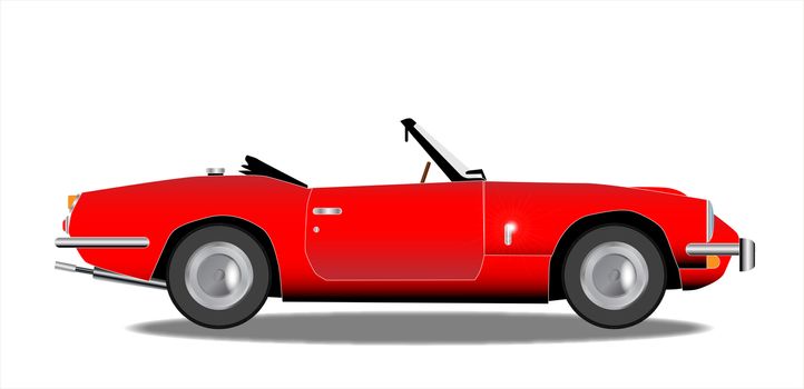 A classic old British sports car in red over a white background