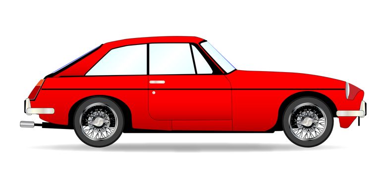 A red traditional British coupe style sports car in red over a white background