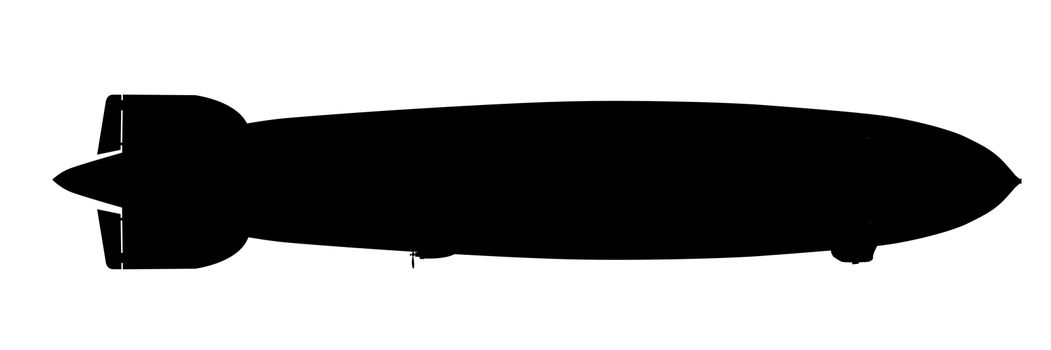 Silhouette of a large 1930s hydrogen filled airship over a white background