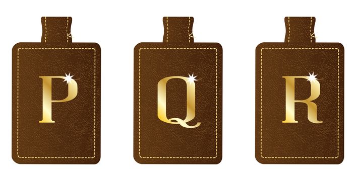 A brown leather key fob and ring set embosed with a gold leaf alphabet letter