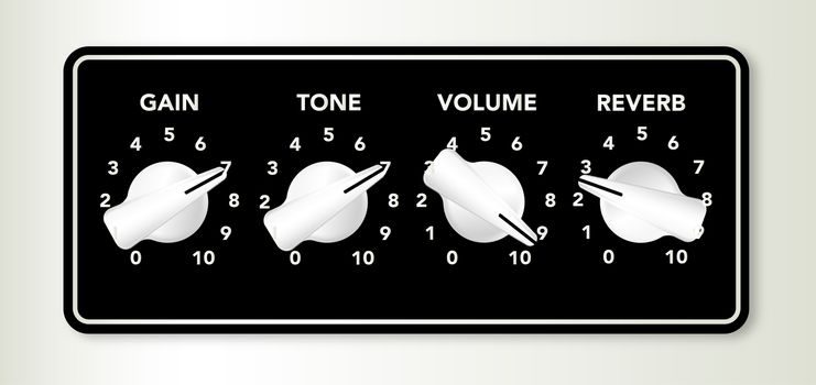 A section of an electric guitar amplifier gain tone and reverb chicken head knobs