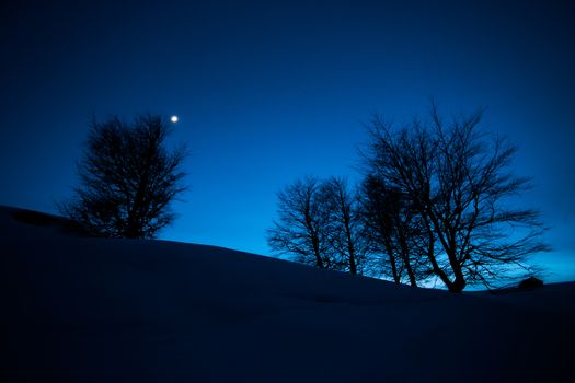 Fairy winter night landscape with snow and moon in a mountain hill