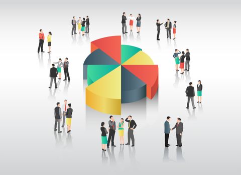 Business people with pie chart on grey background