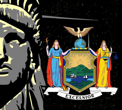 The face of the Statue of Liberty over a night sky and icons from the state flag