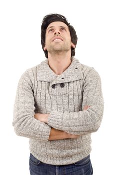 young casual man thinking, isolated on white background