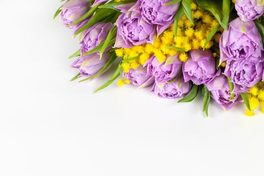 Bouquet of lilac tulips and yellow mimosas on white background, copy space, side view, closeup. March 8, February 14, birthday, Valentine's, Mother's, Women's day celebration, spring concept.