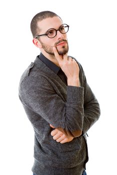 young casual man thinking, isolated on white background