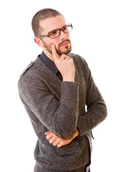 young casual man thinking, isolated on white background