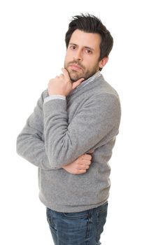 young casual man thinking, isolated on white background