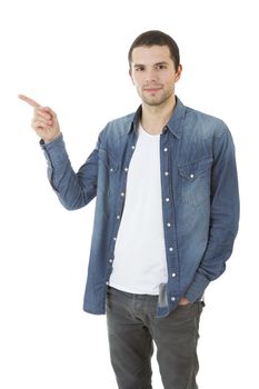 young casual man pointing, isolated on white