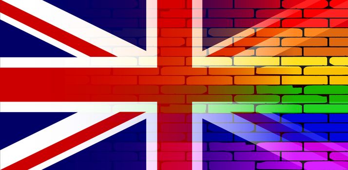 A well worn wall painted in a gay rainbow with a Union Jack flag