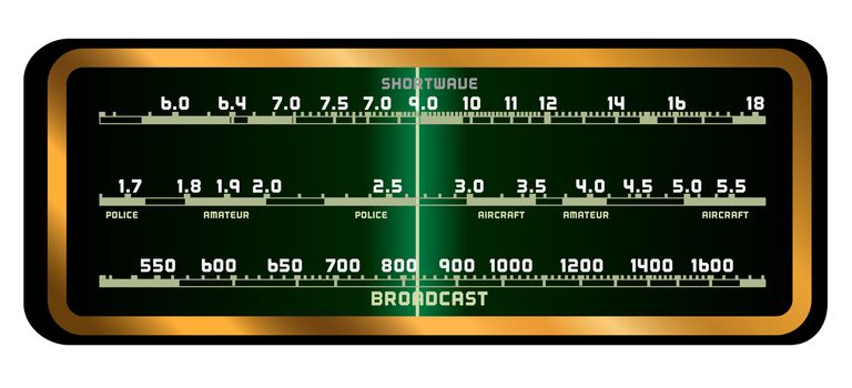 The screen of a typical old fashioned valve radio over a white background