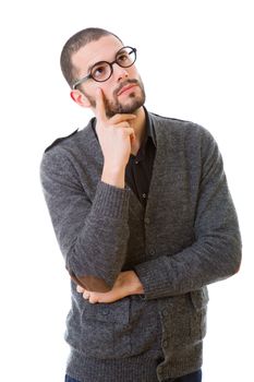 young casual man thinking, isolated on white background