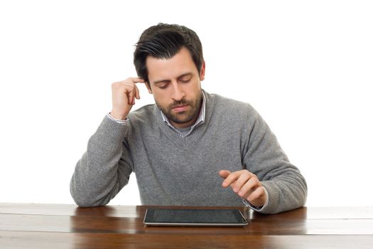 man on a desk working with a tablet pc, isolated