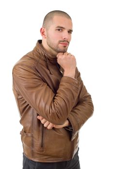 young casual man thinking, isolated on white background