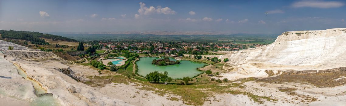 Pamukkale, Turkey – 07.15.2019. White limestone mineral fields in Pamukkale, Turkey, on a sunny summer day.