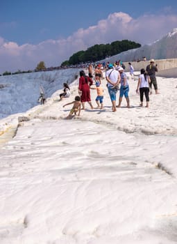 Pamukkale, Turkey – 07.15.2019. White limestone mineral fields in Pamukkale, Turkey, on a sunny summer day.