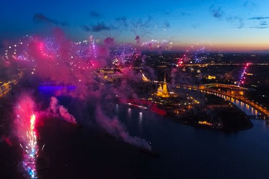 Salute Scarlet Sails. The festive salute is grandiose. Fireworks pyrotechnics.