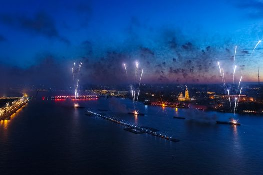 Salute Scarlet Sails. The festive salute is grandiose. Fireworks pyrotechnics.