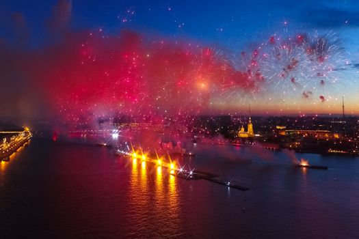 Salute Scarlet Sails. The festive salute is grandiose. Fireworks pyrotechnics.