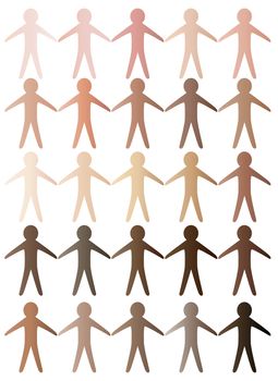 A collection of paper cutout men holding hands made from a variety od skin tone colours