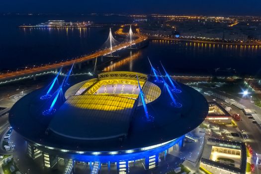 Moscow, Russia - May 11, 2017: Stadium Zenith Arena at night. Illuminated by multi-colored lights the stadium at night