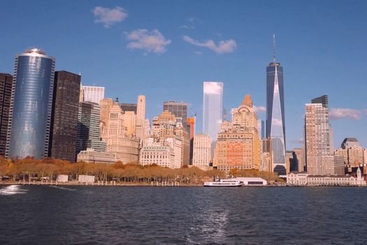 Skyscrapers of the city of New York. View from the ocean.