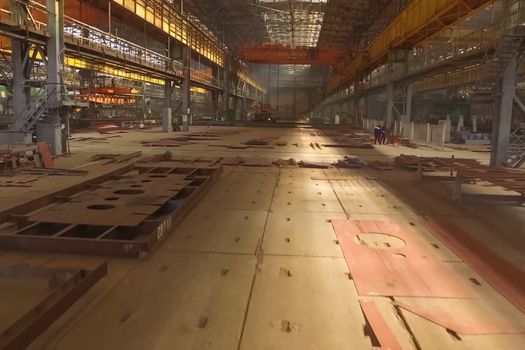 Shipbuilding plant, Internal welding workshop m erection of metal structures. The plant in Novorossiysk.