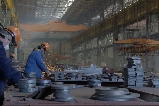 Novorossiysk, Russia - May 26, 2018: Shipbuilding plant, Internal welding workshop m erection of metal structures. The plant in Novorossiysk.