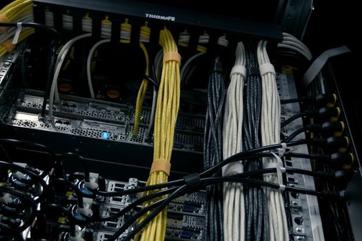 Luxembourg, Luxembourg - September 24, 2017: Connections of Internet cables with servers. Server date centers.