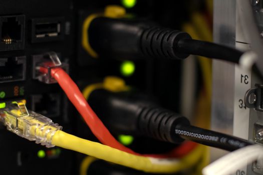 Connections of Internet cables with servers. Server date centers.